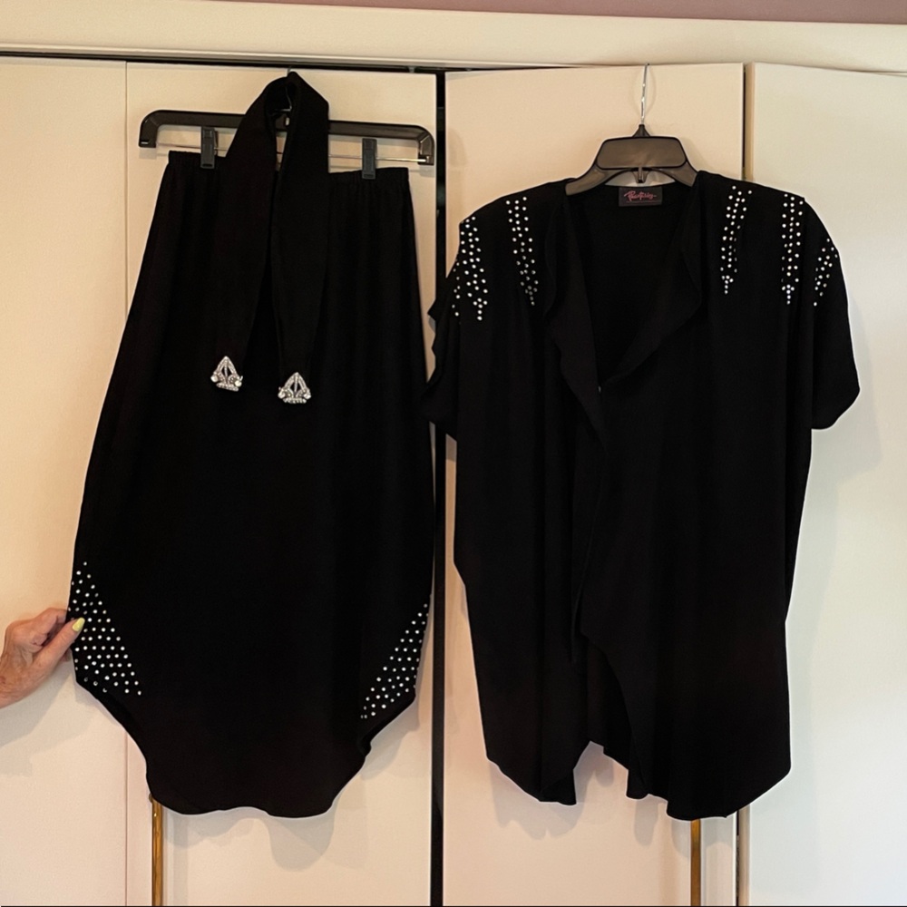 Black Butter Suede Studded Top and Skirt Set with Belt